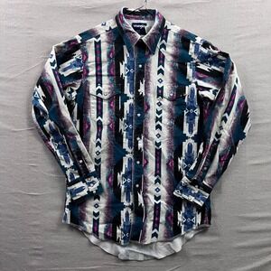 Wrangler Mens Vintage Southwestern Aztec Pearl Snap Flannel Shirt Teal Purple